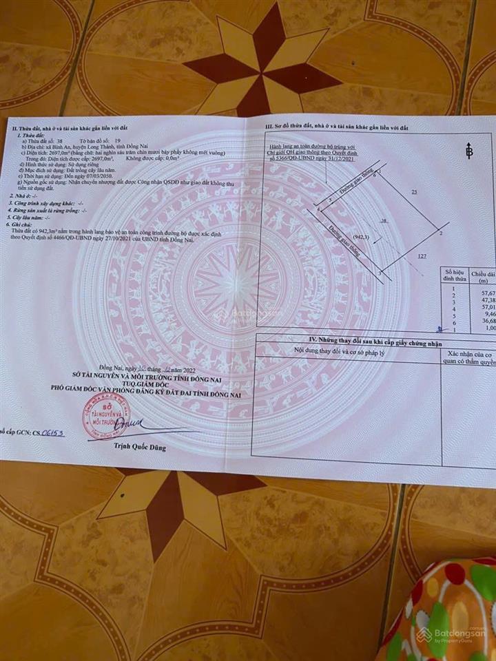 9.9 tỷ lô đất 2.697m2, 57m mặt tiền đường cầu mên, bình an, long thành, cách cổng b sân bay 5km