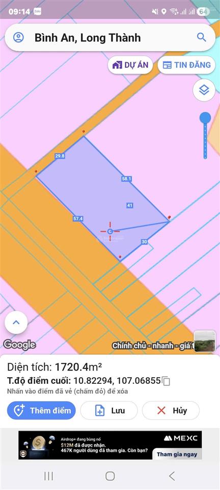 9.9 tỷ lô đất 2.697m2, 57m mặt tiền đường cầu mên, bình an, long thành, cách cổng b sân bay 5km
