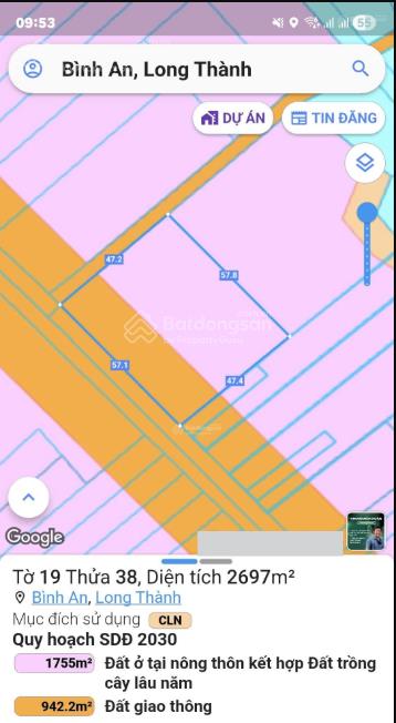 9.9 tỷ lô đất 2.697m2, 57m mặt tiền đường cầu mên, bình an, long thành, cách cổng b sân bay 5km