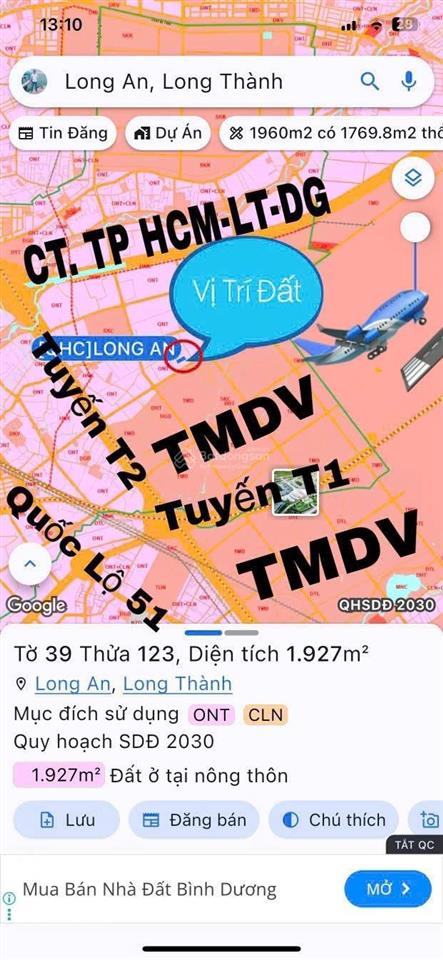 20 tỷ cho 1927m2 có 1.000m2 thổ cư đã có gpxd 6 lầu, trước sân bay sát bên khu đất tmdv sân bay