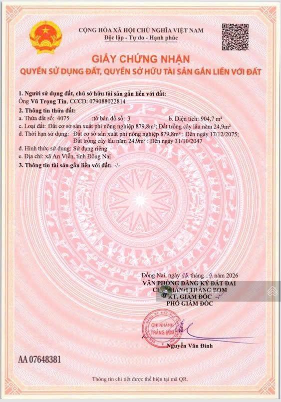 3.5 tỷ đã lên skc lô đất 940m2 phù hợp làm kho xưởng hạn đến 17/12/2075