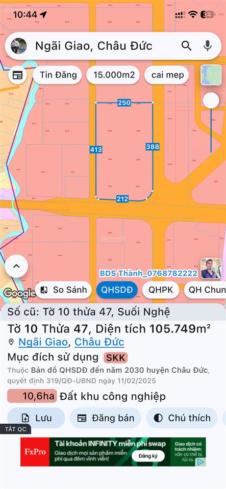 2.45tr/m2, 3 mặt tiền lô đất trong khu công nghiệp châu đức ngay vòng xoay hạn 2058