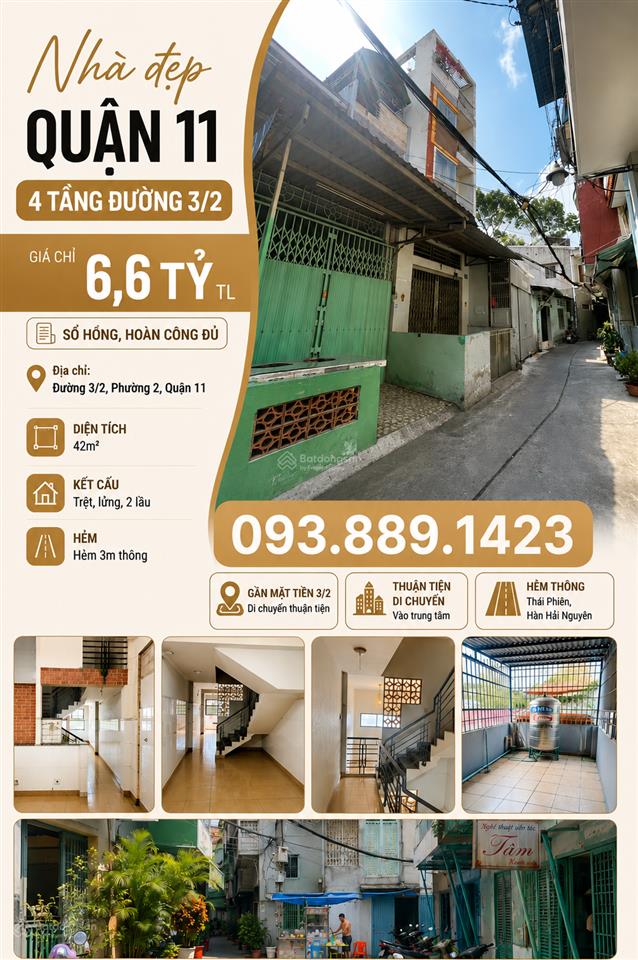 Quận 11, bán nhà 3/2, hẻm thông thái phiên, nhà 4 tầng, hoàn công đầy đủ