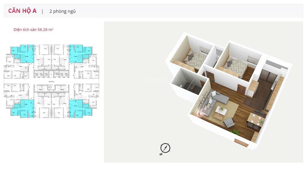 Chính chủ gửi bán căn góc 2pn, 56,46m² tại chung cư osaka complex, full nội thất