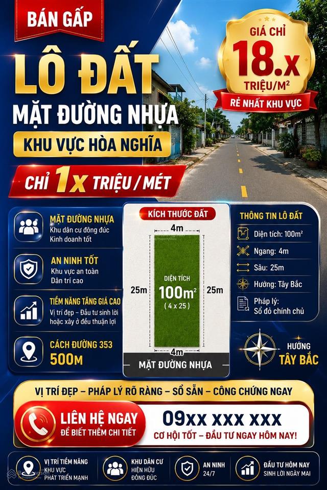 Bán lô mặt đường nhựa khu vực hòa nghĩa chỉ 1x triệu / mét