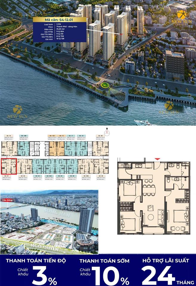 Căn 2 phòng ngủ, diện tích 92m2  view sông hàn cầu rồng  capital square đà nẵng