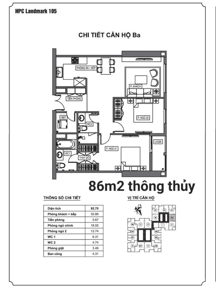 Căn hộ 2 ngủ 2 vệ sinh 86m2 bc đông, tòa k35 chung cư hpc landmark, kđt văn khê, hà đông