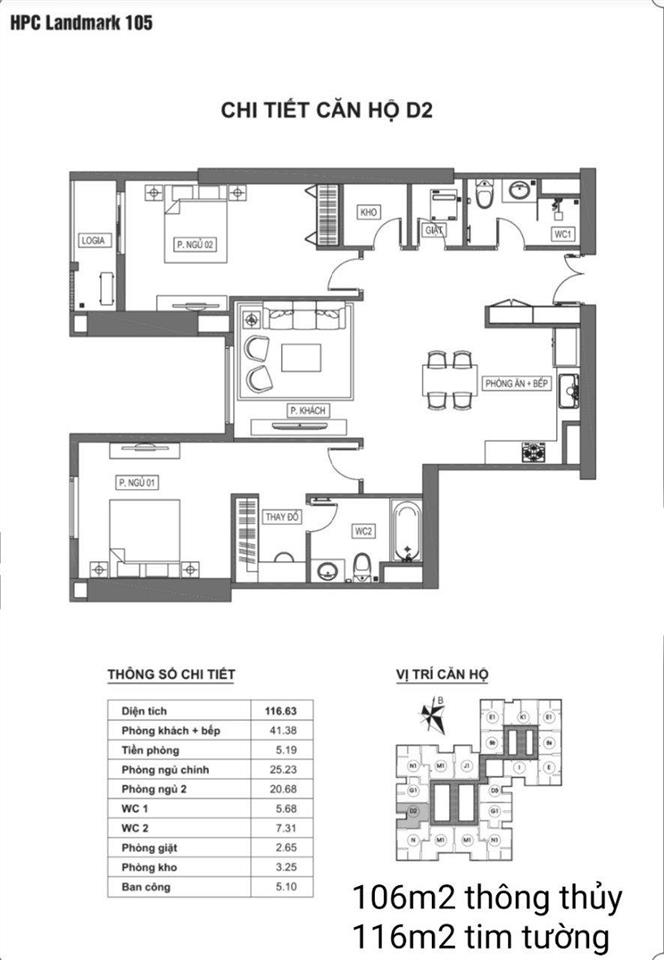 Bán căn hộ 2 ngủ diện tích rộng 106.4m2, thoải mái sửa thành 3 ngủ đẹp, giá hời khu