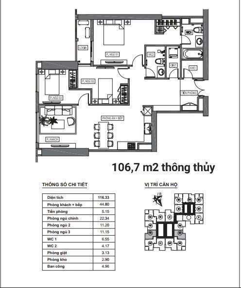 Bán căn hộ 3 phòng ngủ 107m² đầy đủ nội thất đẹp, tầng trung, bc hướng đông mát tại hpc landmark