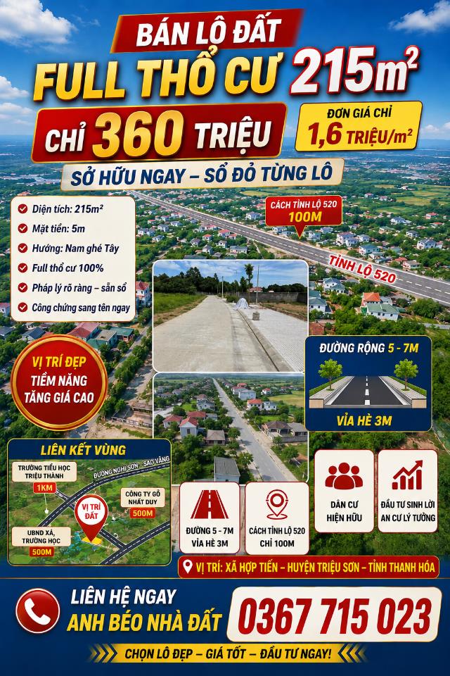 🔥 CHỈ 350 TRIỆU SỞ HỮU NGAY LÔ ĐẤT FULL THỔ CƯ 189M² 🔥