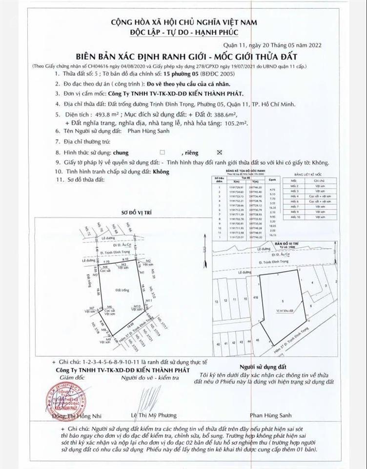 Bán quỹ đất mặt tiền trịnh đình trọng  q.11  dt 17x32m². 500m²  gpxd hầm, 7 tầng  giá 65 tỷ