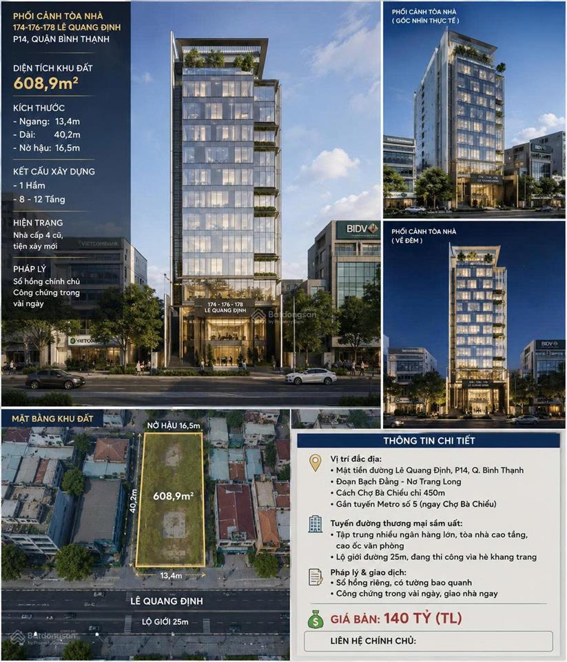 Khuôn đất vàng 609m2, mt lê quang định. gpxd hầm + 12 tầng ngay chợ bà chiểu. giá 120 tỷ