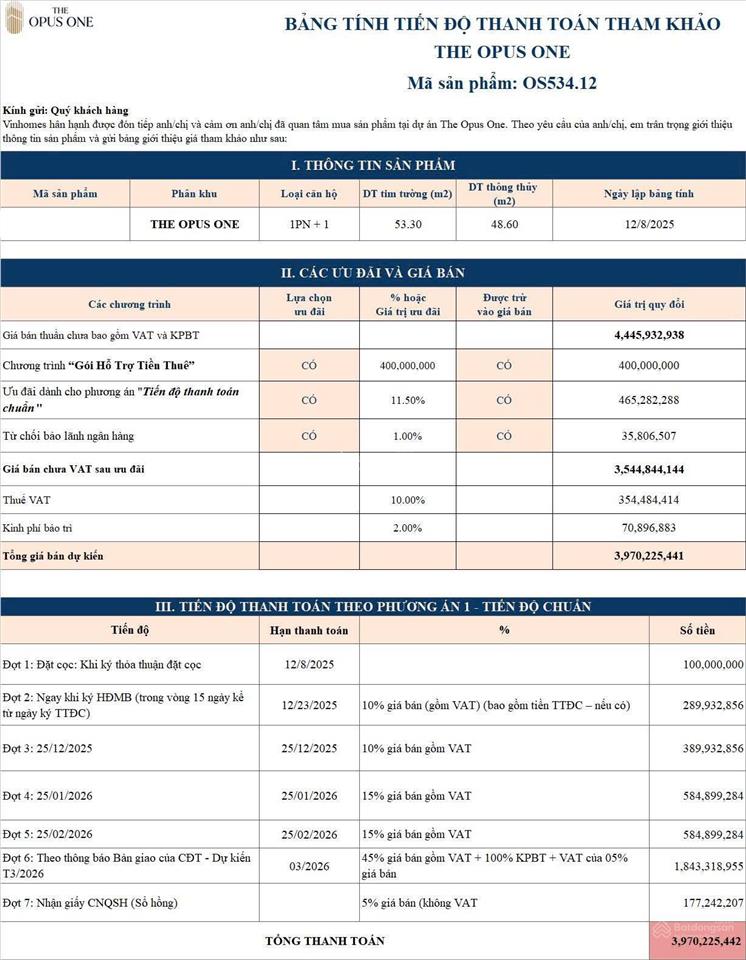 Biến giấc mơ độc lập thành hiện thực  căn hộ 1pn+1 the opus one  ck 901tr  tt 390tr kí ngay hđmb