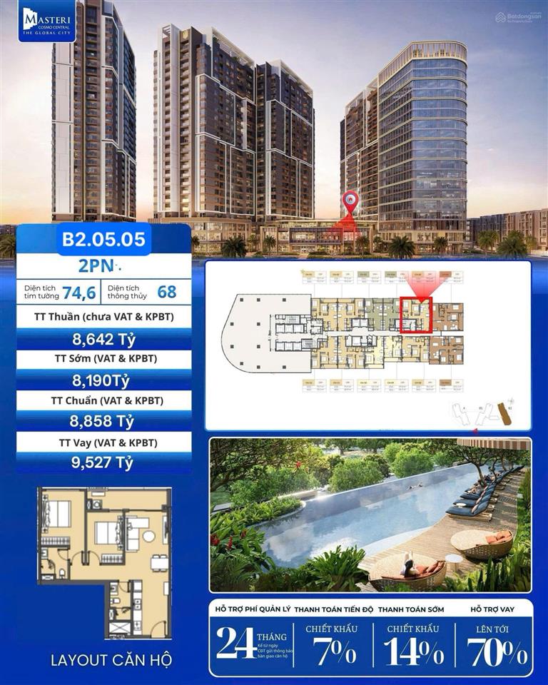 Độc quyền ch 2pn2wc 74,6m2 chỉ 8,19tỷ view đẹp giá tốt tại masteri cosmo central  the global city