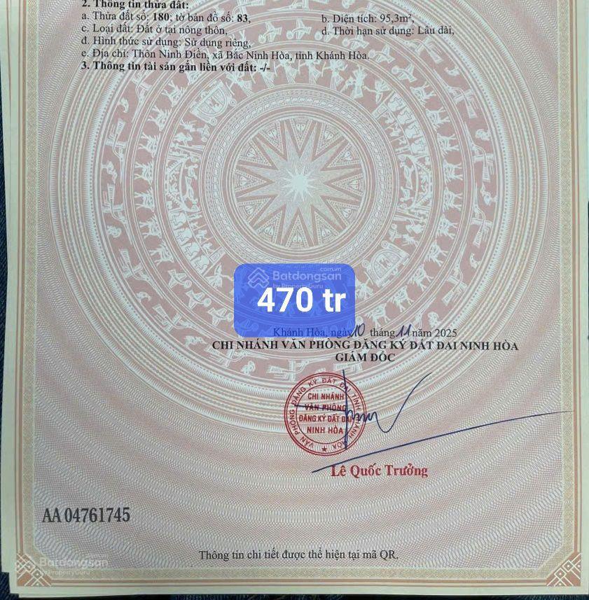 Bán lô tại ninh điền, ninh thọ. khánh hòa. giá chỉ 470 tr full thổ, sổ hồng trao ta