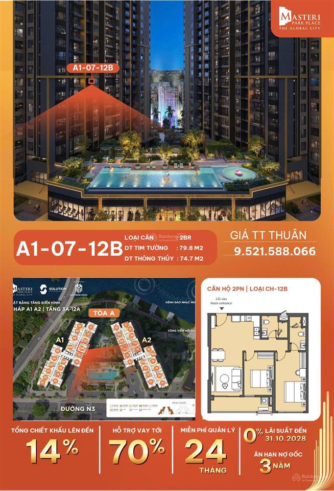 2pn masteri park place 77.5m2 view đẹp giá gốc, alo mr đồng