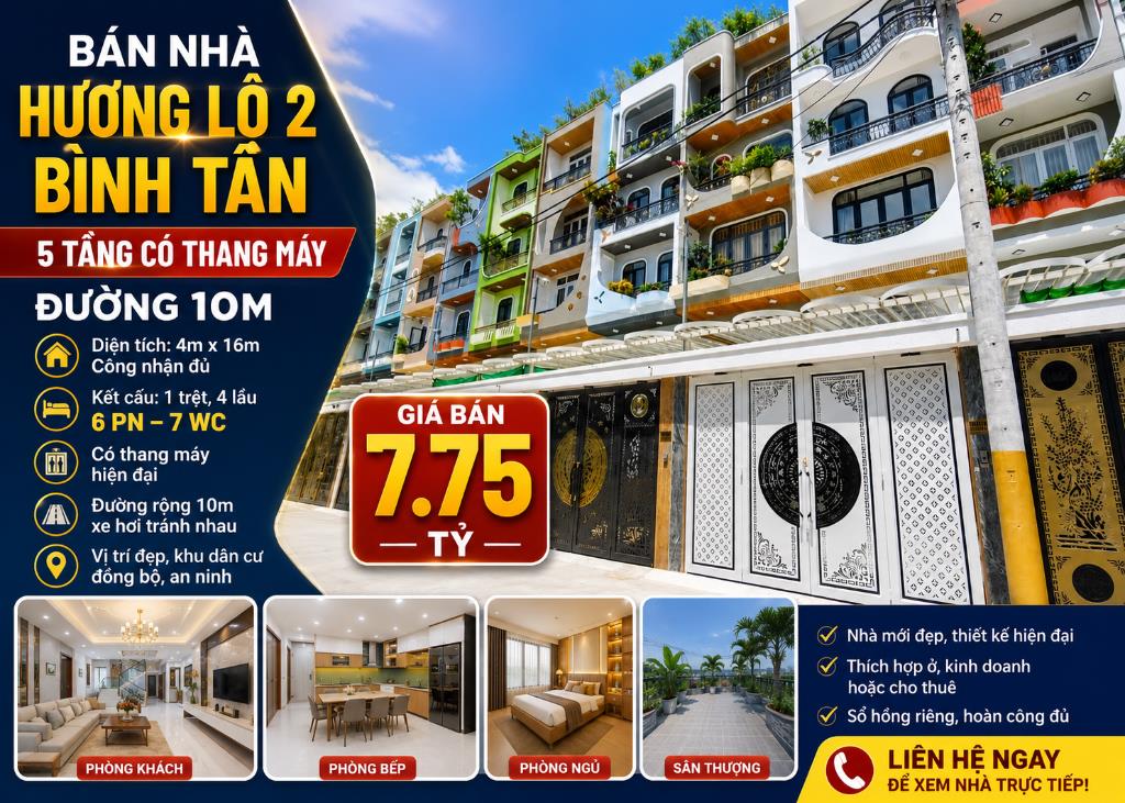 Bán Nhà Hương Lộ 2 Bình Tân: 5 Tầng Có Thang Máy, 6PN, Đường 10m