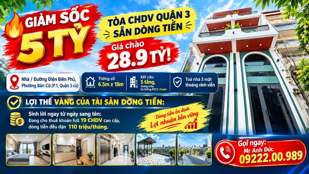 Bán Tòa CHDV Quận 3 (103m²) Giá 28.8 Tỷ, Dòng Tiền 110 Tr/Tháng