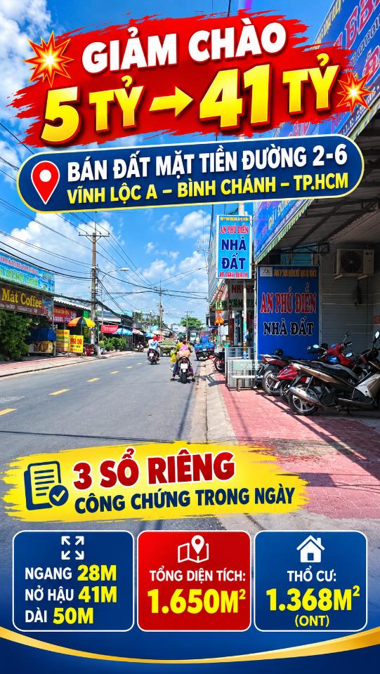 GIẢM CHÀO 5TỶ – Mặt Tiền Đường 2-6 Bình Chánh – 1650m2 Giá 41 Tỷ