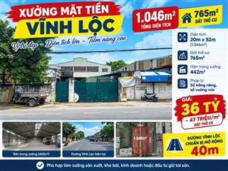 Bán Xưởng Mặt Tiền Vĩnh Lộc 1.046m² – 765m² thổ cư Giá 36 Tỷ