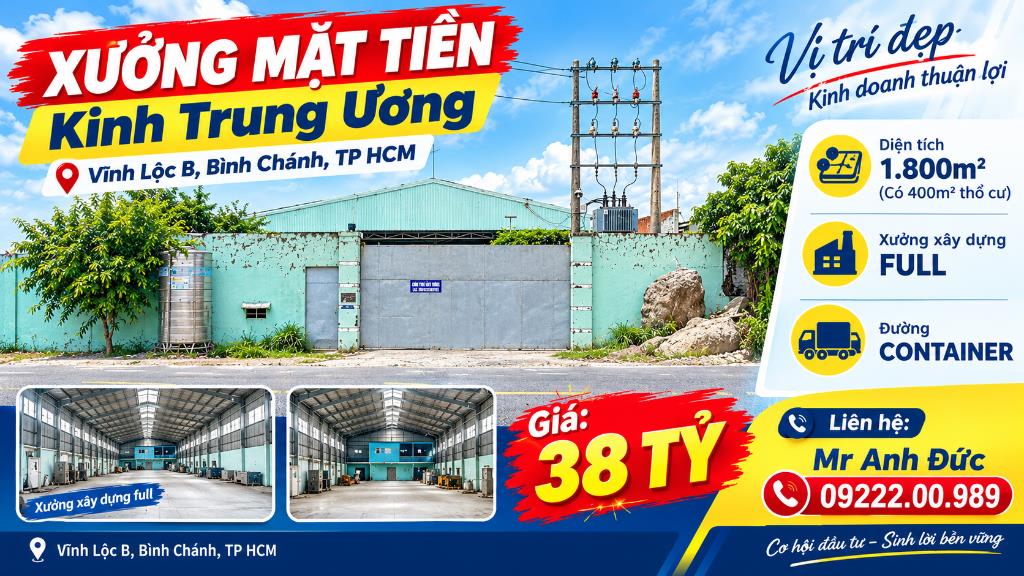 Bán Xưởng MT Xe Công Kênh Trung Ương – Bình Chánh – 1800 Giá 38 Tỷ