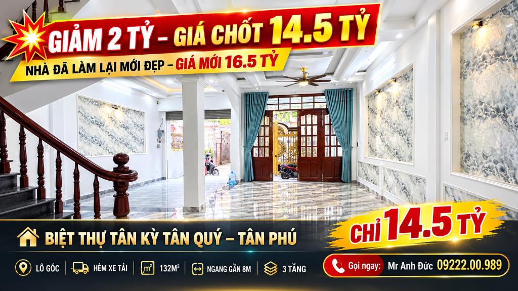 Giảm 2 Tỷ Biệt Thự Tân Phú AEON Mall Hẽm Xe Tải – 8 x 17m Giá 14.5 Tỷ