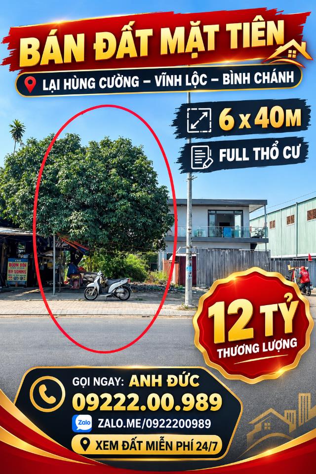 Bán Đất Mặt Tiền Lại Hùng Cường Gần Võ Văn Vân 6 x 40m Giá 12 Tỷ