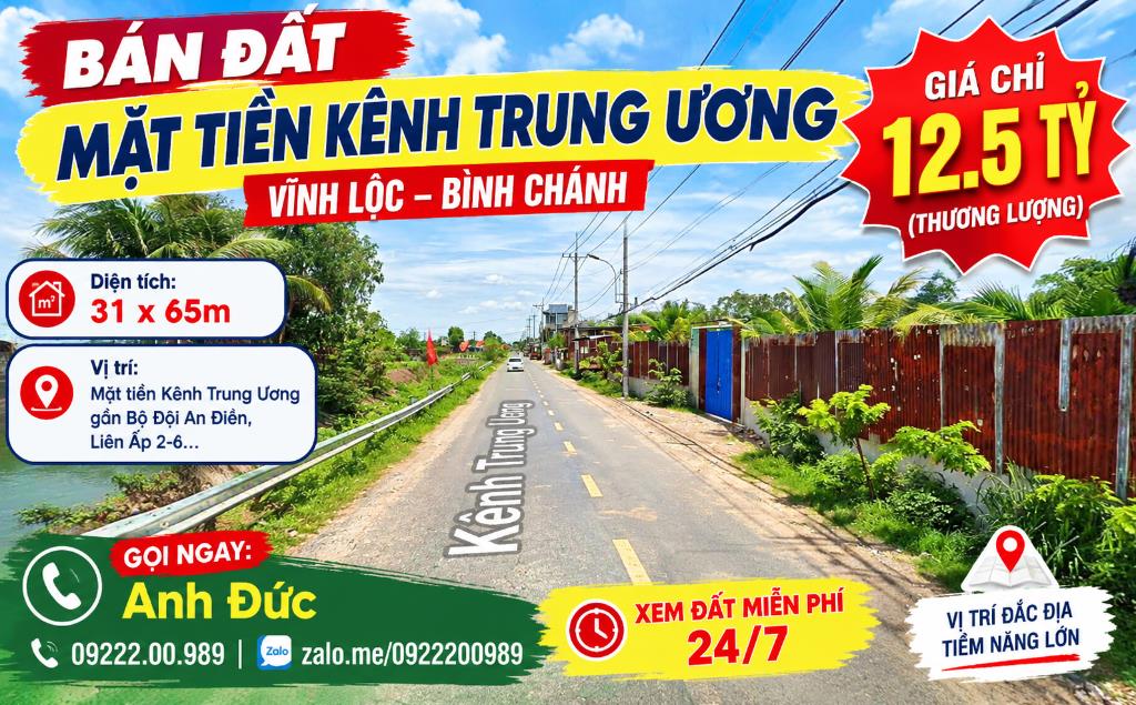 Bán Đất Mặt Tiền Giá Tốt Kênh Trung Ương DT 1930m2 Giá 12.5 Tỷ