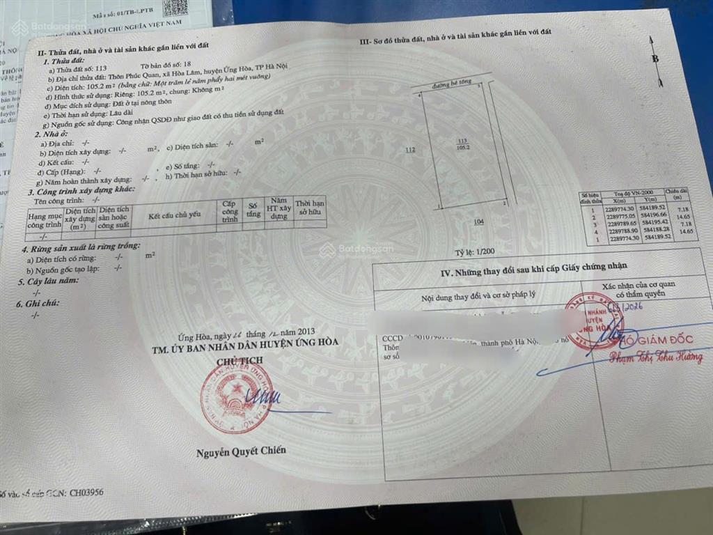Bán đất lô góc 105m² thôn phúc quan, hòa lâm, (nay là xã ứng hòa  hà nội), mt hơn 7m, giá 2,8 tỷ