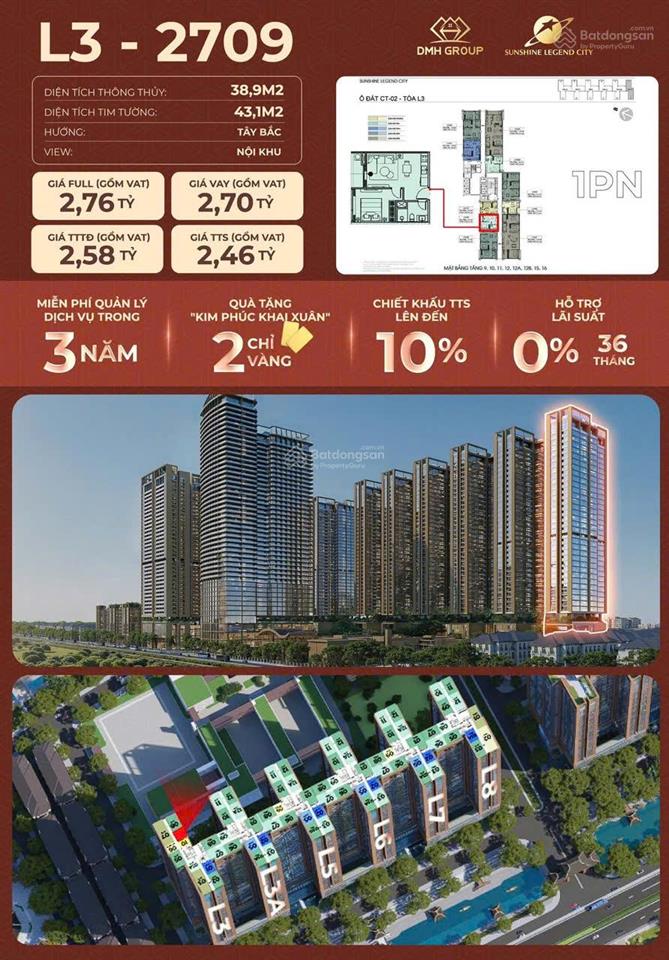 Căn hộ chung cư sunshine legend city 2pn giá nhỉnh 3 tỷ, vay htls 0%36 tháng, giá tốt khu vực