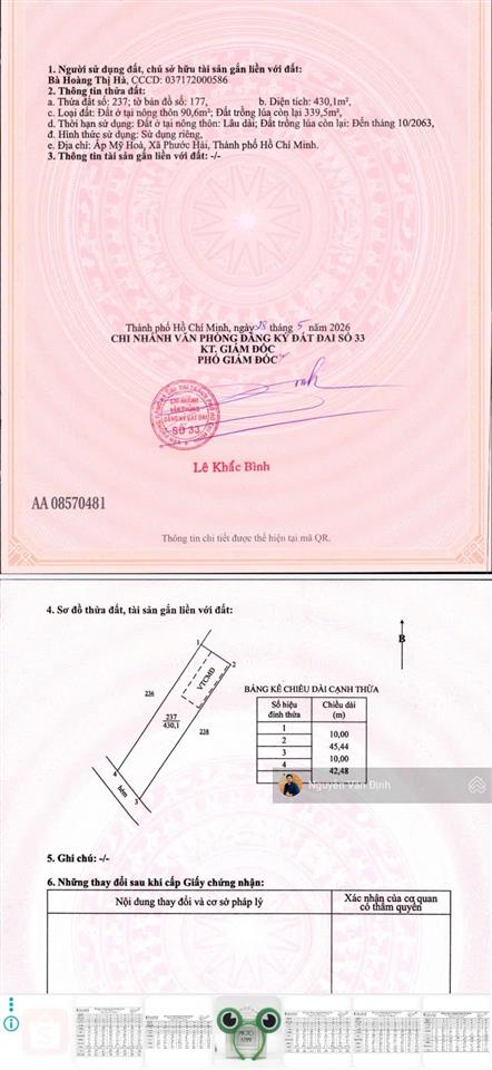 Hàng đẹp lại rẻ ngay biển phước hải(long mỹ)  tp hcm. 1tỷ65 cho 430m2 10mx43m 80m2 thổ cư. sổ sẵn