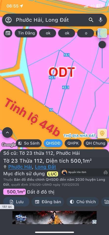 Trục chính mặt tiền tỉnh lộ 44b phước hải ra biển 5 phút
dt 500m2  ngang 12x4260 thổ cư3ty5