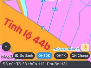 Trục chính mặt tiền tỉnh lộ 44b phước hải ra biển 5 phút
dt 500m2  ngang 12x4260 thổ cư3ty5