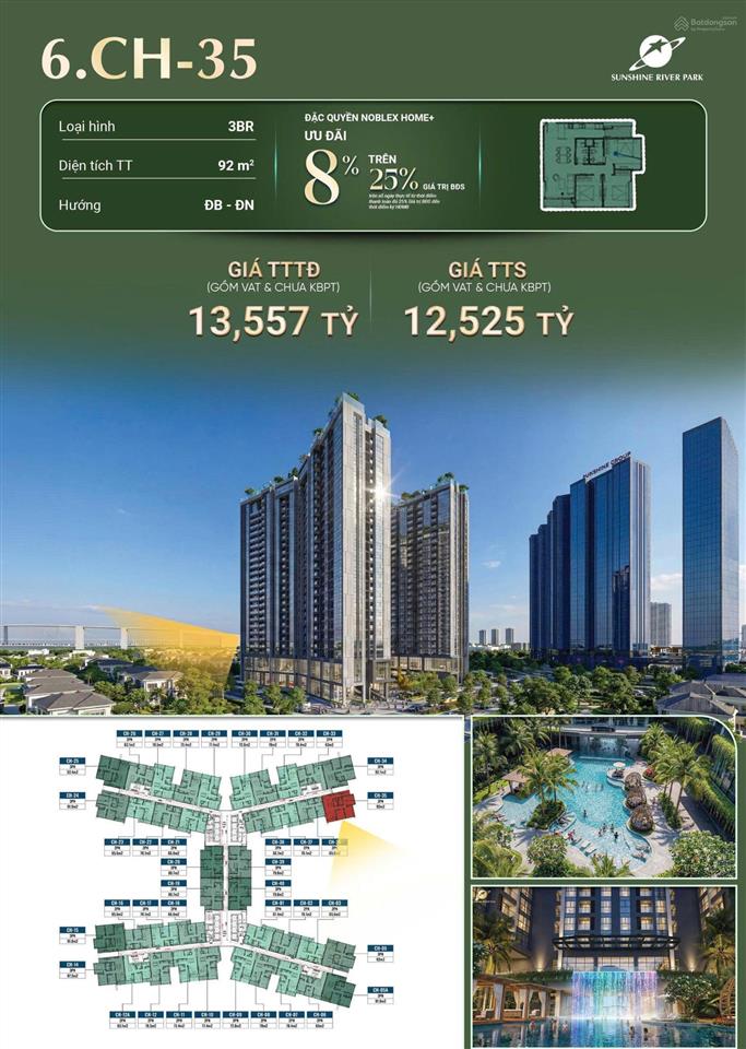 Sunshine river park, căn hộ 3pn, 2vs, giá chỉ 13,557 tỷ, view sông hồng, cầu nhật tân.
