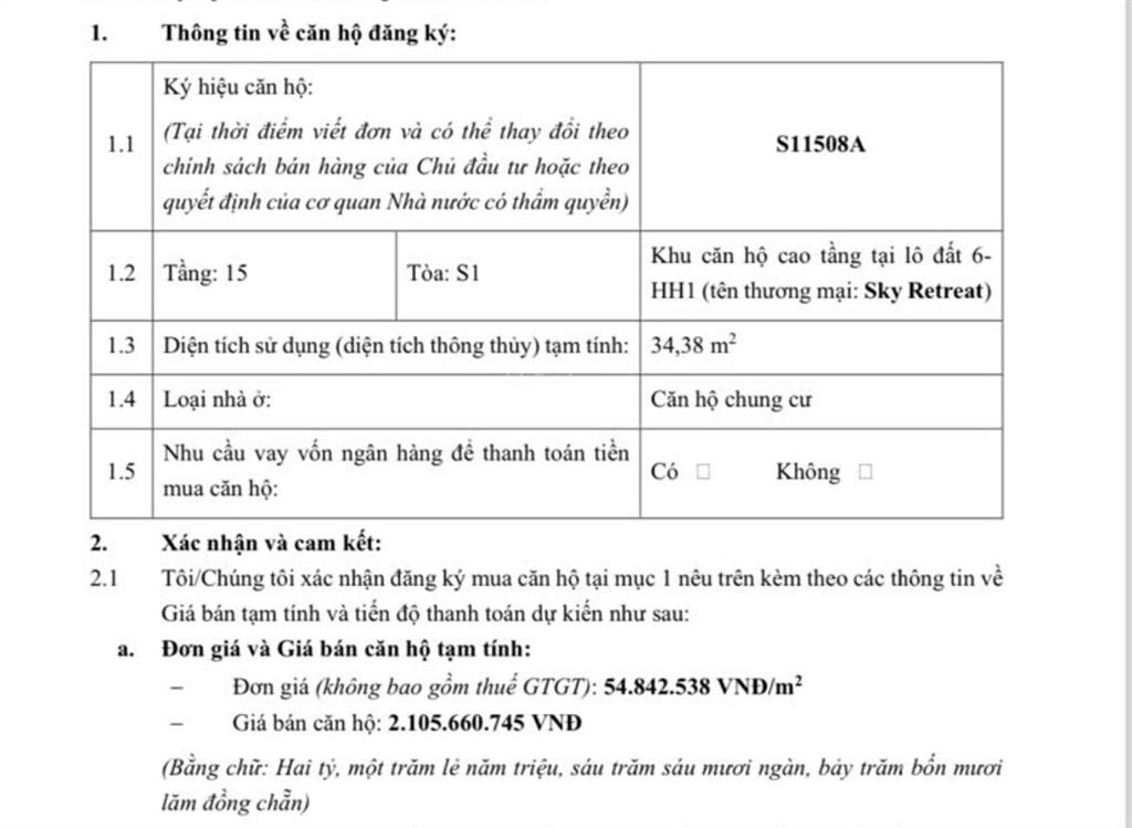 Bán nhanh 1pn tầng hoa hậu 15 toà s1 skyretreat giá 2,250 all in