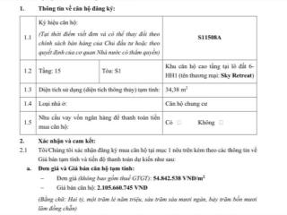 Bán nhanh 1pn tầng hoa hậu 15 toà s1 skyretreat giá 2,250 all in