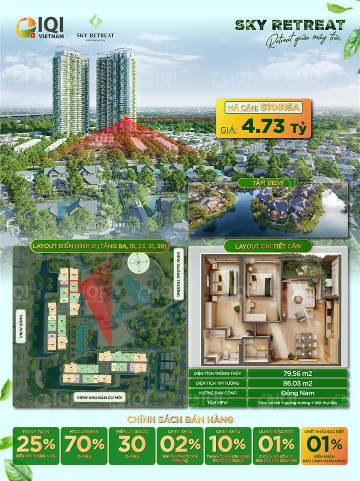 Căn toà s1 tầng 08 mã căn 15a hướng đông nam view biệt thự đảo & trực diện quảng trường ko chênh