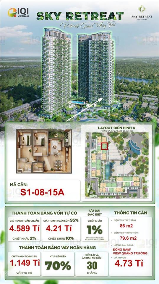 Căn toà s1 tầng 08 mã căn 15a hướng đông nam view biệt thự đảo & trực diện quảng trường ko chênh