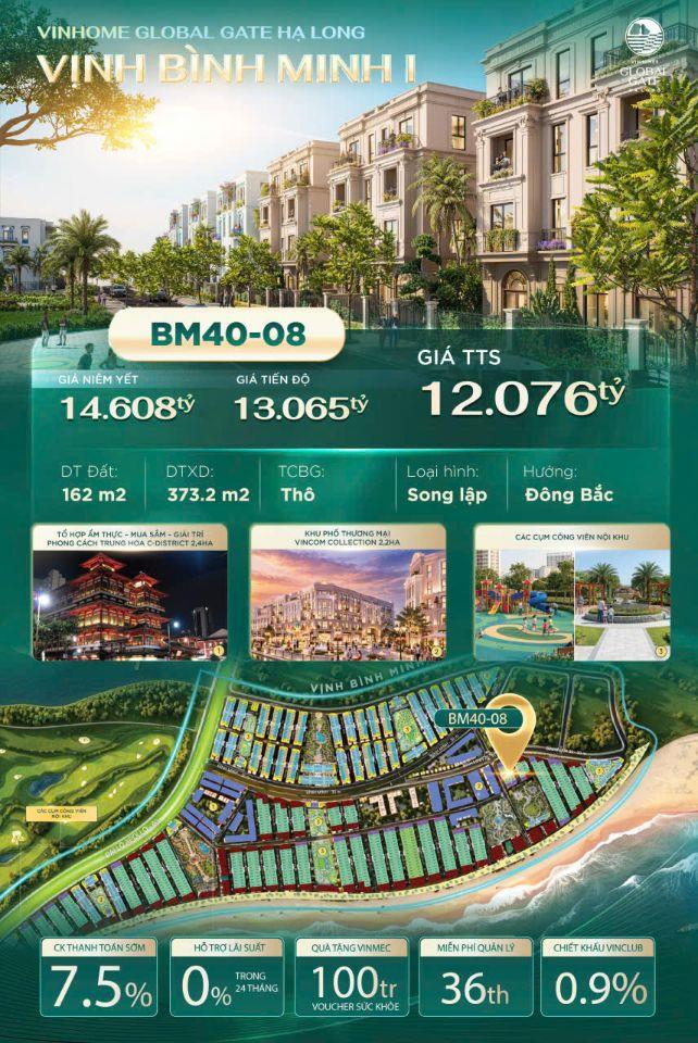 Bán biệt thự song lập 162m2 mặt tiền 9m giá đất chỉ từ 36,68 triệu/m2 trong khu đô thị Vinhomes Global gate Hạ Long
