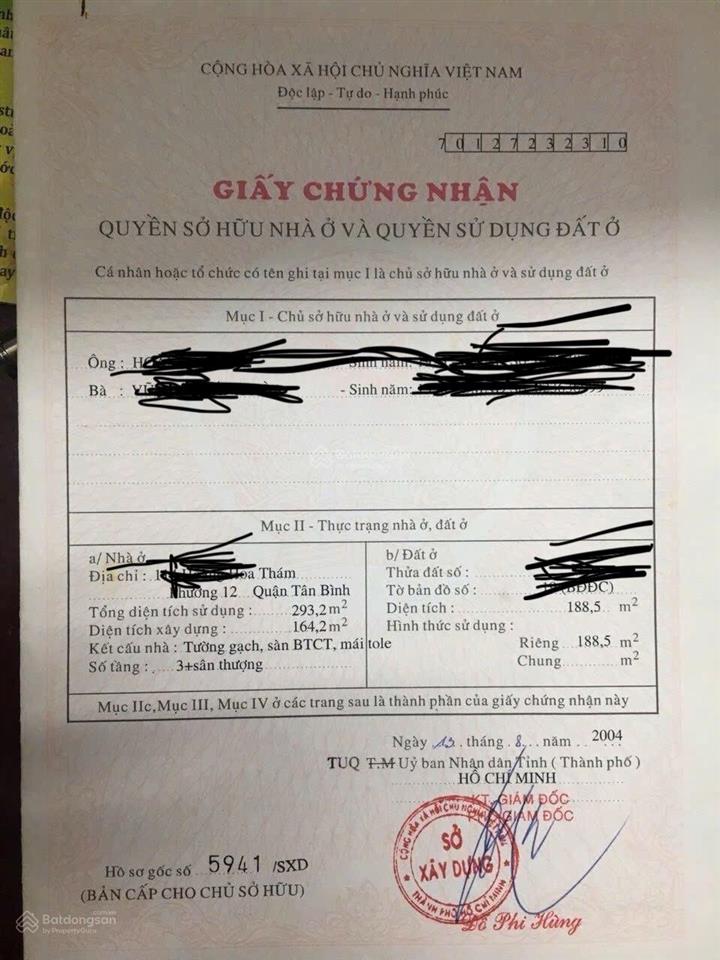 Bán nhà mặt tiền 144 hoàng hoa thám, p12, tân bình. dt 6.5 x 30, cn 188.5m2, 3 tầng, giá 46 tỷ