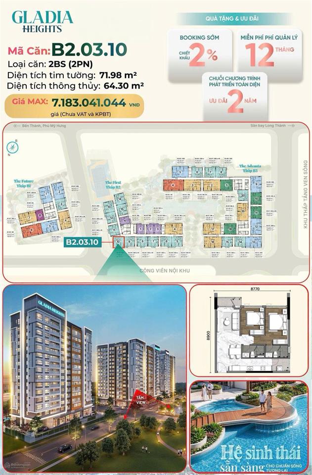 Căn góc 2pn gladia heights giá chỉ 7.1 tỷ | cọc trực tiếp cđt
