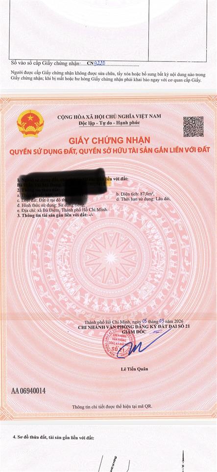Bán đất đẹp tại trần thị cát, bà điểm, hóc môn, 4,6 tỷ, 87m2