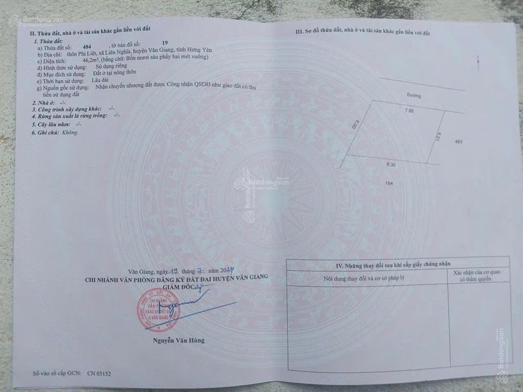 Bán đất thôn phi liệt  văn giang  hưng yên, diện tích 46,2m2 giá chỉ 1,6 tỷ, mặt tiền 7,95m