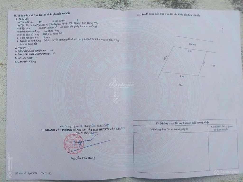 Bán đất thôn phi liệt  văn giang  hưng yên, diện tích 46,2m2 giá chỉ 1,6 tỷ, mặt tiền 7,95m