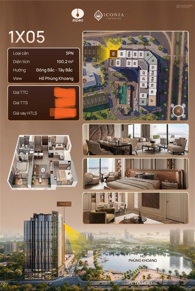 Chính chủ bán căn view hồ phùng khoang 100m2 3pn tầng 1x  trục 05 layout vuông vắn
