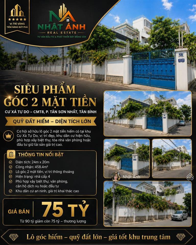 Lô góc duy nhất mặt tiền cư xá tự do  phường 7  tân bình  20mx24m  giá 75 tỷ