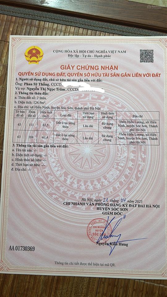 Bán đất sổ đỏ chính chủ 2 mặt tiền ở khu trại mít , thôn hiền lương , xã hiền ninh , huyện sóc sơn