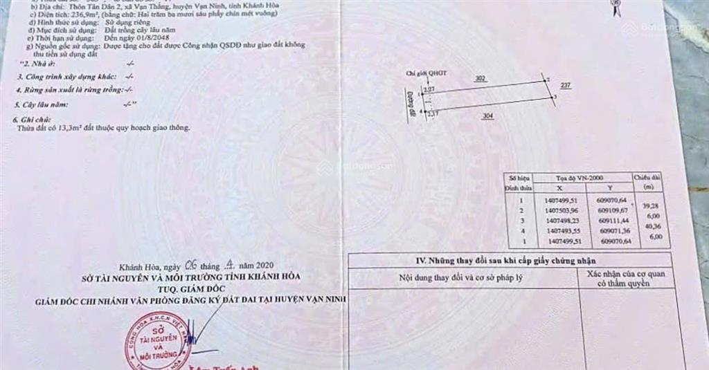 Bán đất tân dân 2 vạn thắng, vạn ninh | 236,9m2 | đường ô tô qh 7m | chỉ 16 triệu/m2