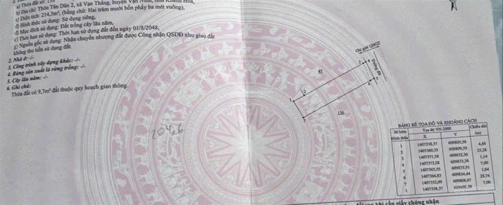 Bán đất tân dân 2 vạn thắng, vạn ninh | 214m2 | đường ô tô | chỉ 16 triệu/m2