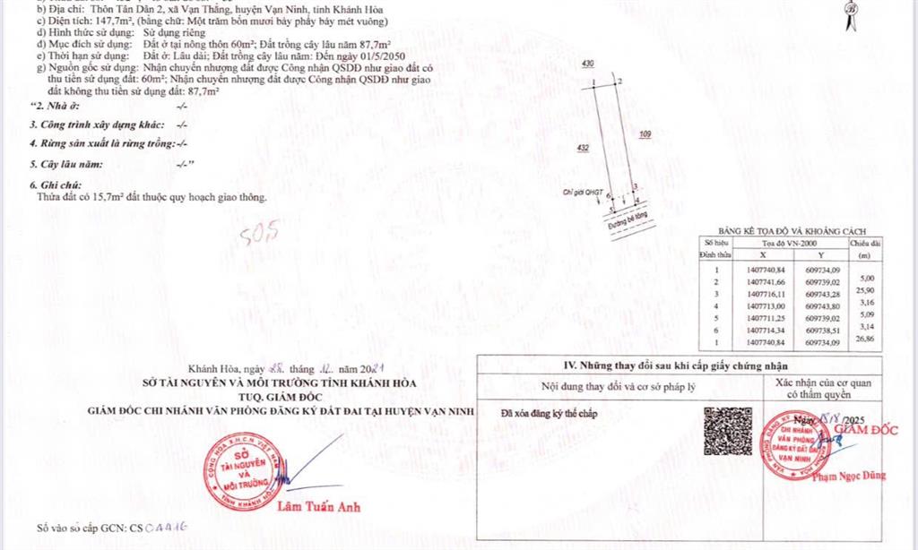 Bán đất tân dân 2 vạn thắng, vạn ninh | 147,7m | 60m thổ cư | chỉ 16 triệu/m